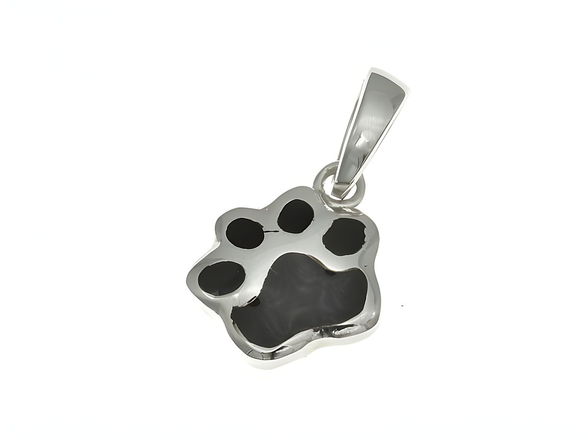 Pfotenabdruck Anhänger aus rhodiniertem Sterling Silber mit schwarzer Emaille, hergestellt von Juwelier Harnisch, ideal für Kinder und eine liebevolle Geschenkidee.