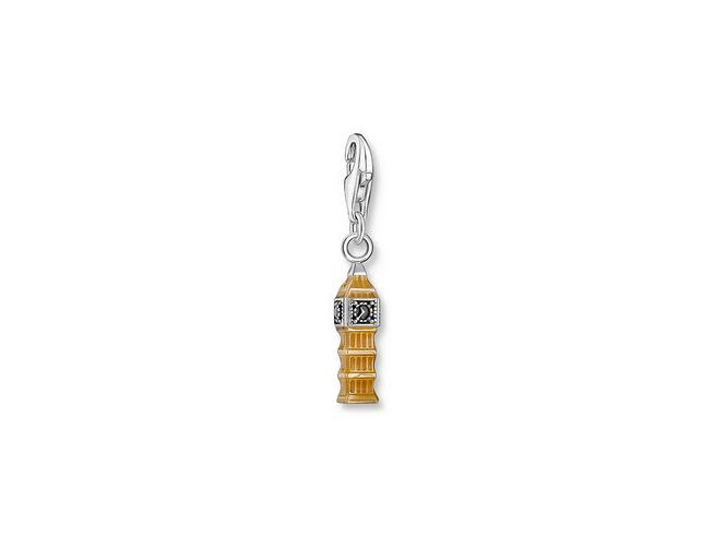 Charm-Anhänger von Thomas Sabo in Form von Big Ben aus Silber mit beige Emaille und Zirkonia, ideal für persönliche Schmuckstücke und moderne Styles.