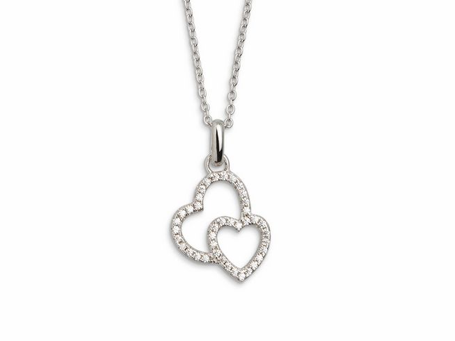 Xenox Sterling Silber Kette XS2760 mit zwei ineinandergreifenden Herzen, verziert mit funkelnden Zirkonia, klassisches Design, ideal für romantische Anlässe, Länge 42-47 cm.