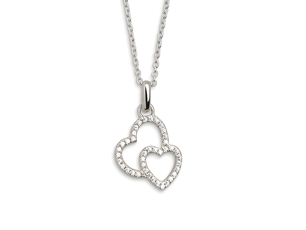 Xenox Sterling Silber Kette XS2760 mit zwei ineinandergreifenden Herzen, verziert mit funkelnden Zirkonia, klassisches Design, ideal für romantische Anlässe, Länge 42-47 cm.