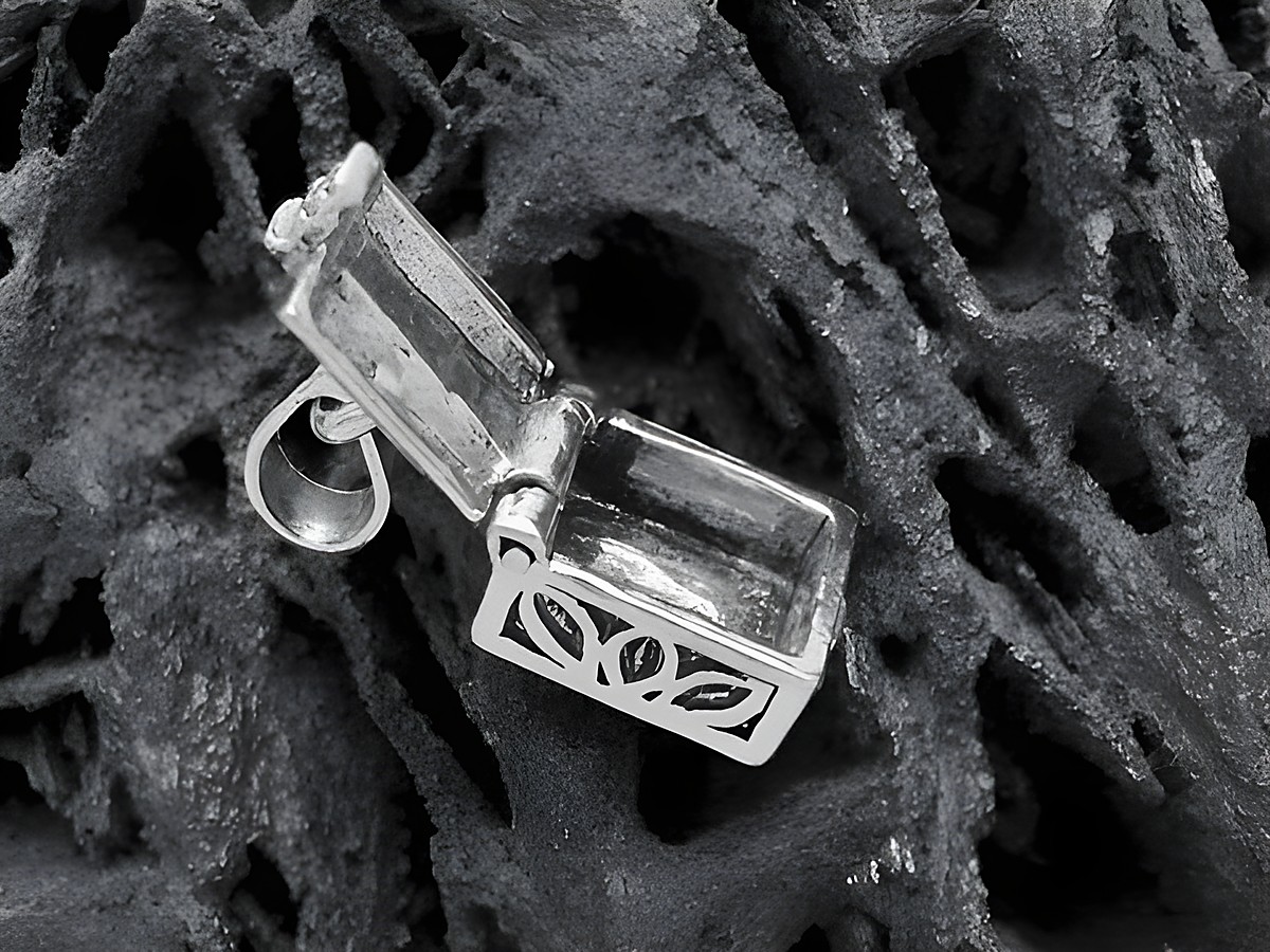 Eine offene Truhe aus Sterling Silber mit floralen Mustern und einem Medaillon im Inneren, hergestellt von Juwelier Harnisch, in Sonderformen. – Ansicht 2