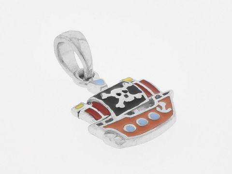 Silber Anhänger in Form eines Piratenschiffs, rhodiniert mit buntem Lack verziert, für Kinder, Hersteller Juwelier Harnisch, allerliebst und fröhlich gestaltet.