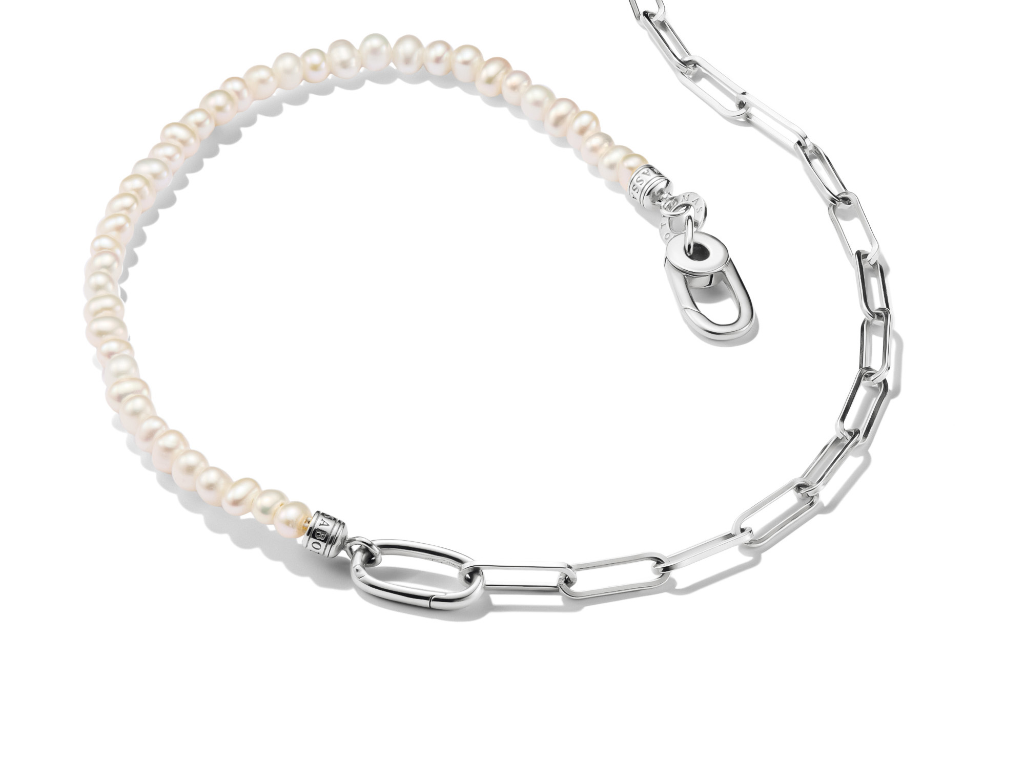 Charm Kette aus Perlen und Paperclip-Elementen in Silber mit einem Connect Link, Länge 45 cm, ideal für individuelle Gestaltungen und eleganten Stil.