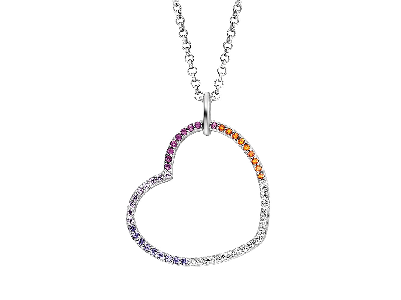 Engelsrufer ERN-HEARTWARM-ZIM WARM Halskette mit Anhänger Regenbogenherz Zirkonia Multicolor - Silber rhod. 42 cm Eine filigrane Silberkette mit einem offenen Herzanhänger, verziert mit bunten Zirkonia in Regenbogenfarben, strahlt Eleganz und Lebensfreude aus.
