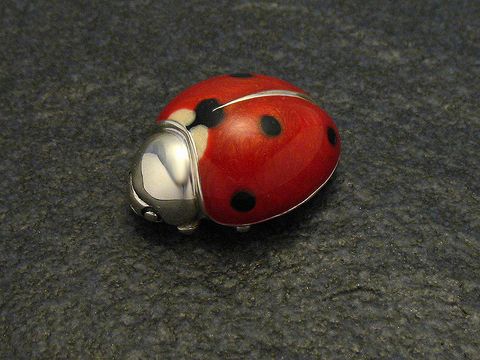 Marienkäfer emailliert in Silber, stehend, 28 mm, von Juwelier Harnisch, detailreiche Darstellung mit roten Flügeln und schwarzen Punkten, perfekt für Sammler und als Duftobjekt.