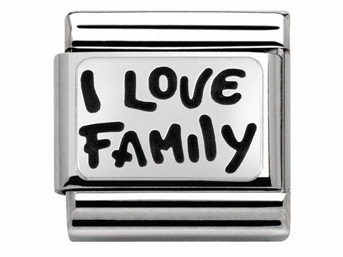 433010234-0 Edelstahlarmband mit einem silbernen Element, auf dem in schwarzer Schrift "I LOVE FAMILY" steht, Hersteller Nomination, Produktnummer 330102 34 Classic Edelstahl.