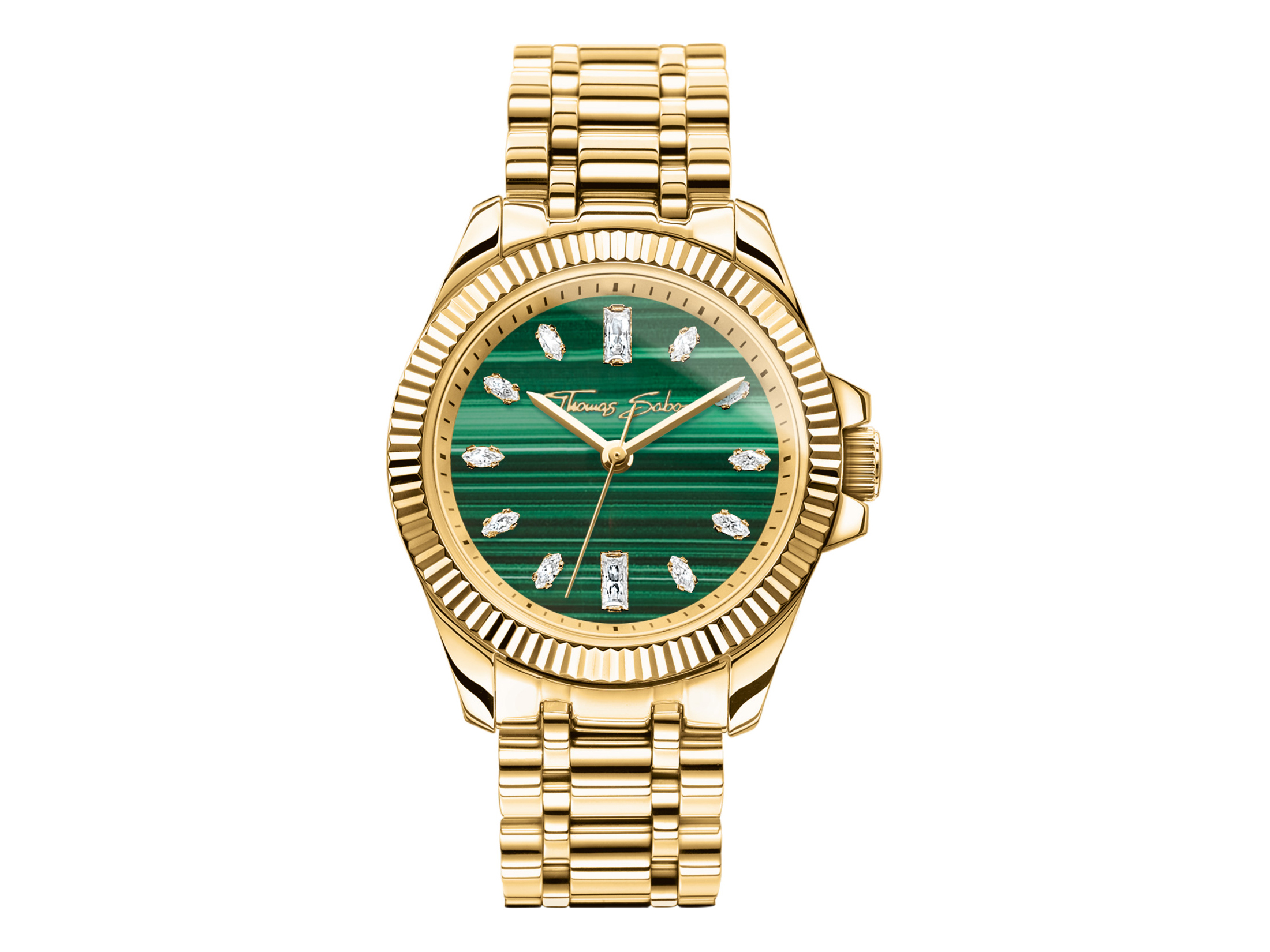 Thomas Sabo Damenuhr WA0436-291-211-33 mm mit goldener Armbanduhr und grünem Zifferblatt, besetzt mit funkelnden Steinen, stilvolles Design für elegante Anlässe.