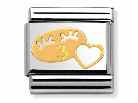 Bicolor Charm aus Edelstahl mit einem lachenden Gesicht und Herz, goldene Augenlider und lächelnde Lippen, Hersteller Nomination Classic Fun.