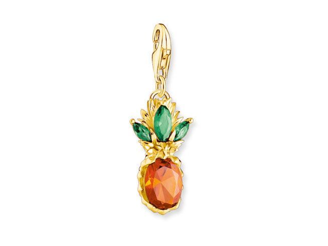 Charm-Anhänger in Form einer Ananas aus vergoldetem Sterling Silber, verziert mit mehrfarbigen Glas- und Keramiksteinen, ideal für Schmuckliebhaber und Sammler.