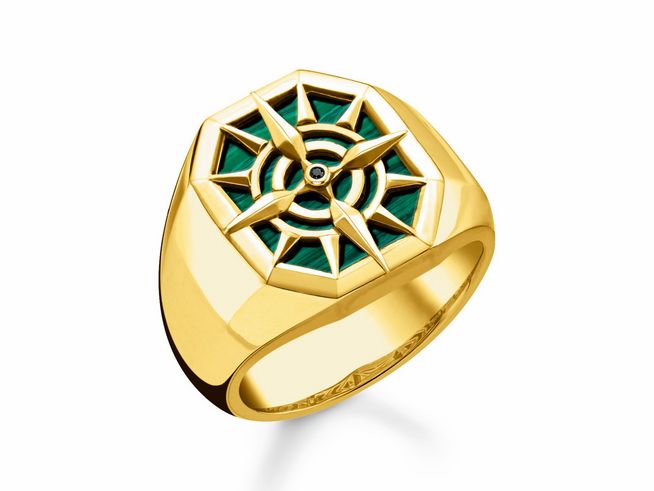 Ring aus Sterling Silber vergoldet mit imitierter Malachit-Einlage, featuring ein geometrisches Design mit einem Kompassmotiv, Größe 56.
