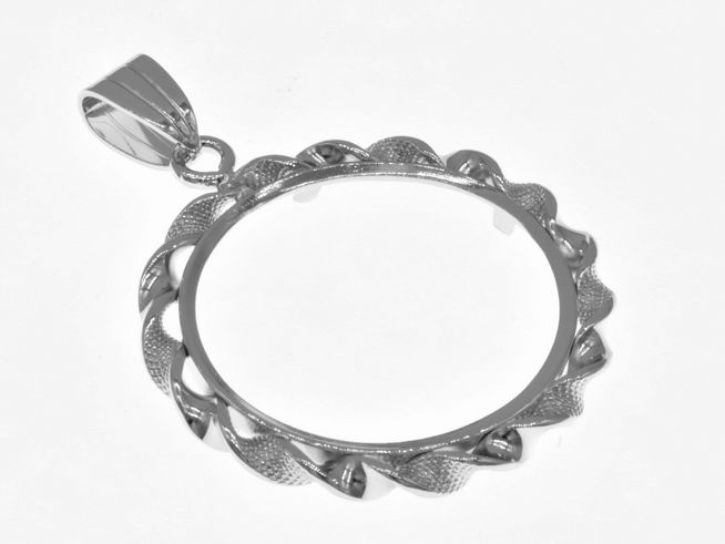 Münzfassung Anhänger aus 925 Sterling Silber rhodiniert, geeignet für maximale Münzengröße von 25 mm Durchmesser, mit dekorativem Rand und Befestigungsöse.