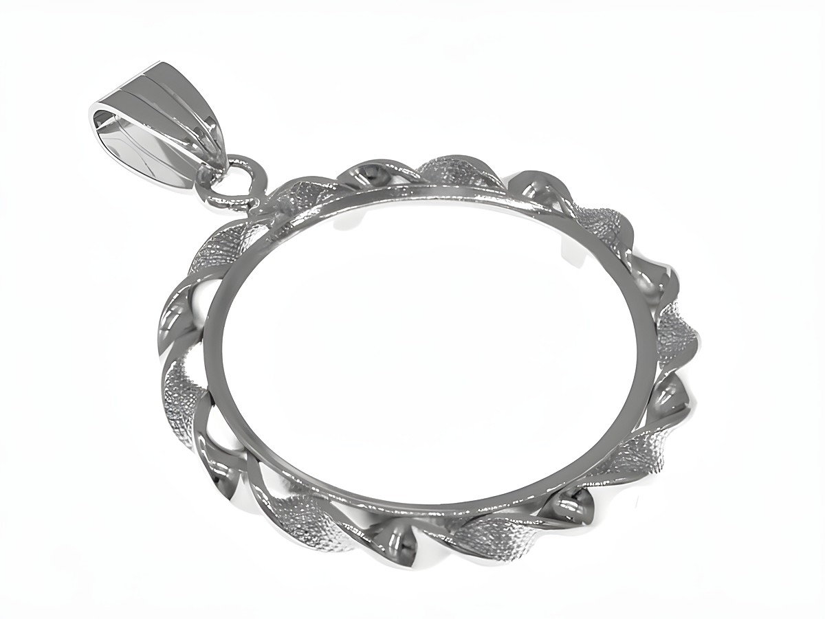 Münzfassung Anhänger aus 925 Sterling Silber rhodiniert, geeignet für maximale Münzengröße von 25 mm Durchmesser, mit dekorativem Rand und Befestigungsöse.