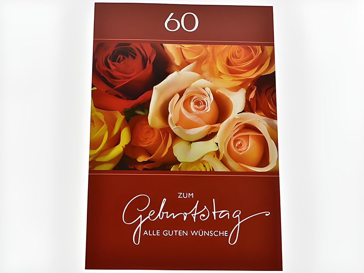 Geburtstagskarte mit ansprechendem Rosenblüten-Design in warmen Farben, mit dem Aufdruck zum Geburtstag und den besten Wünschen, Hersteller Juwelier Harnisch.
