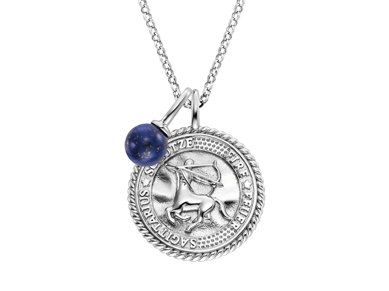 Silberne Kette mit einem rundem Anhänger, der das Sternzeichen Schütze zeigt, verziert mit einem blauen Lapislazuli und Zirkonia-Steinen, elegant und kraftvoll.