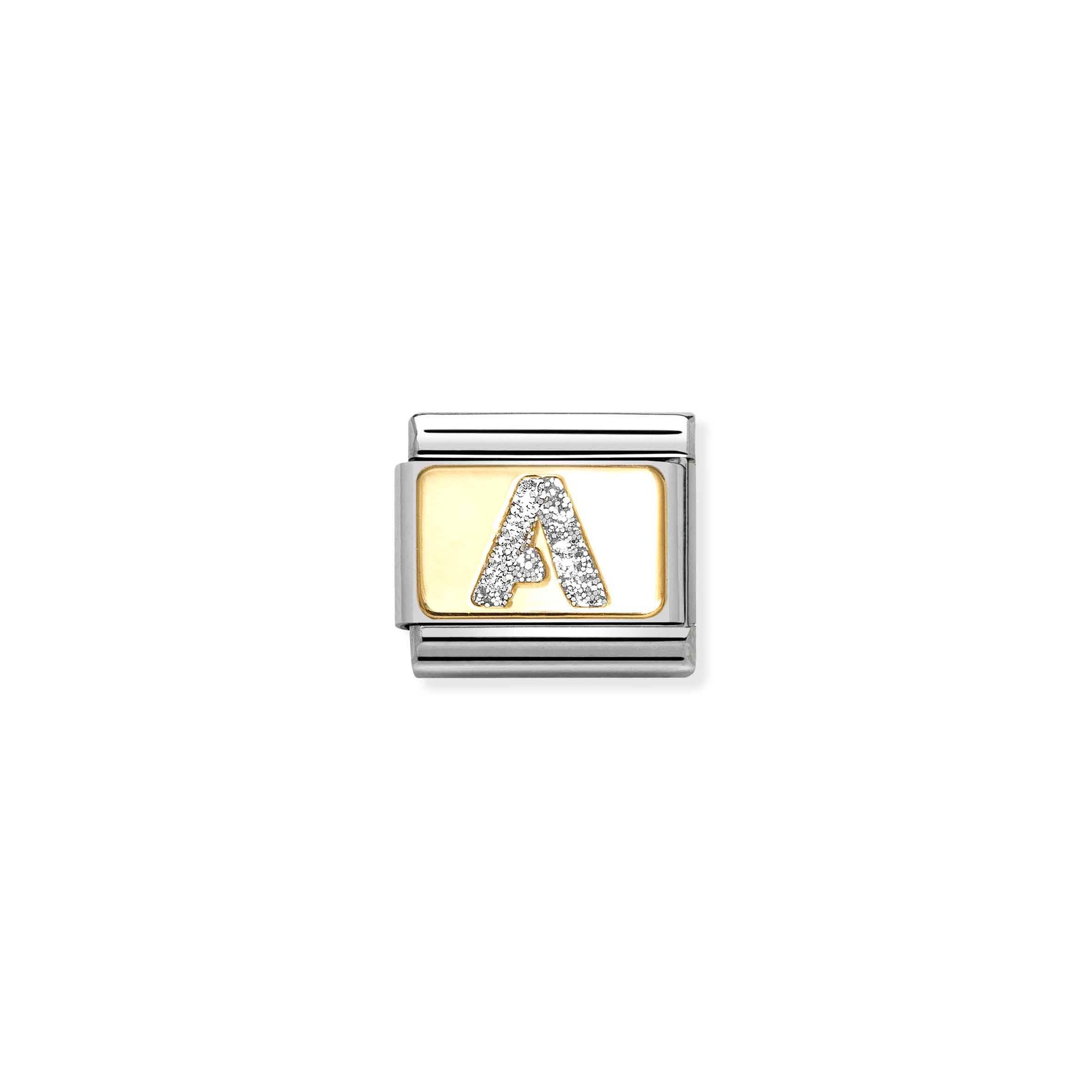 Nomination Composable Classic Charm Buchstabe A Silberglitzer - Edelstahl, Gold 750, Emaille