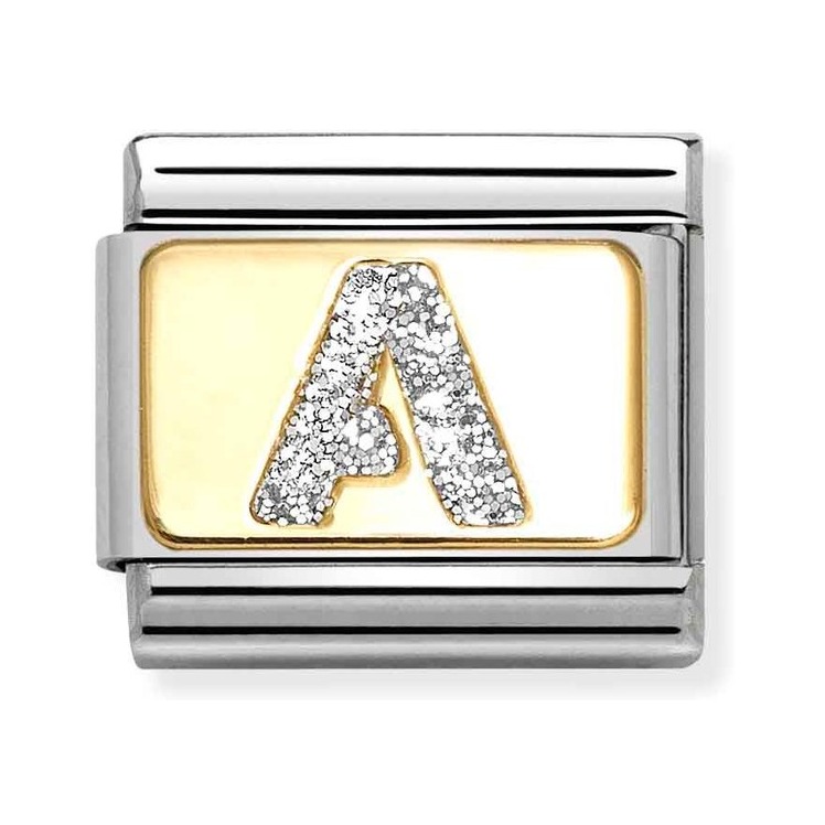 Nomination Composable Classic Charm Buchstabe A Silberglitzer - Edelstahl, Gold 750, Emaille