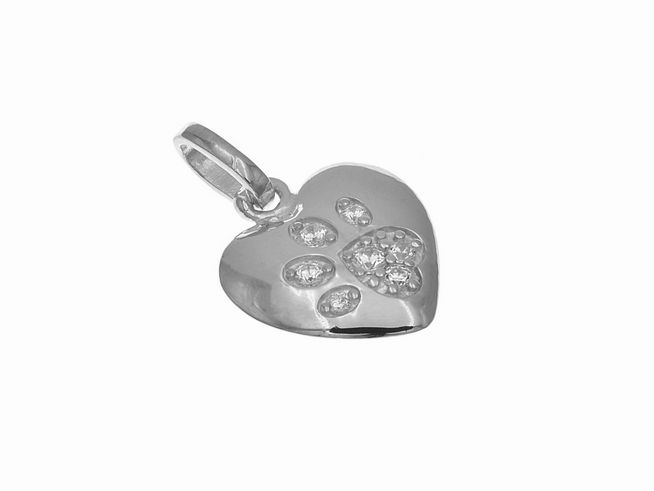 Anhänger aus sterling Silber in Herzform mit Pfotenabdruck, poliert und rhodiniert, verziert mit Zirkonia, Hersteller Juwelier Harnisch, Perlen und Steine.