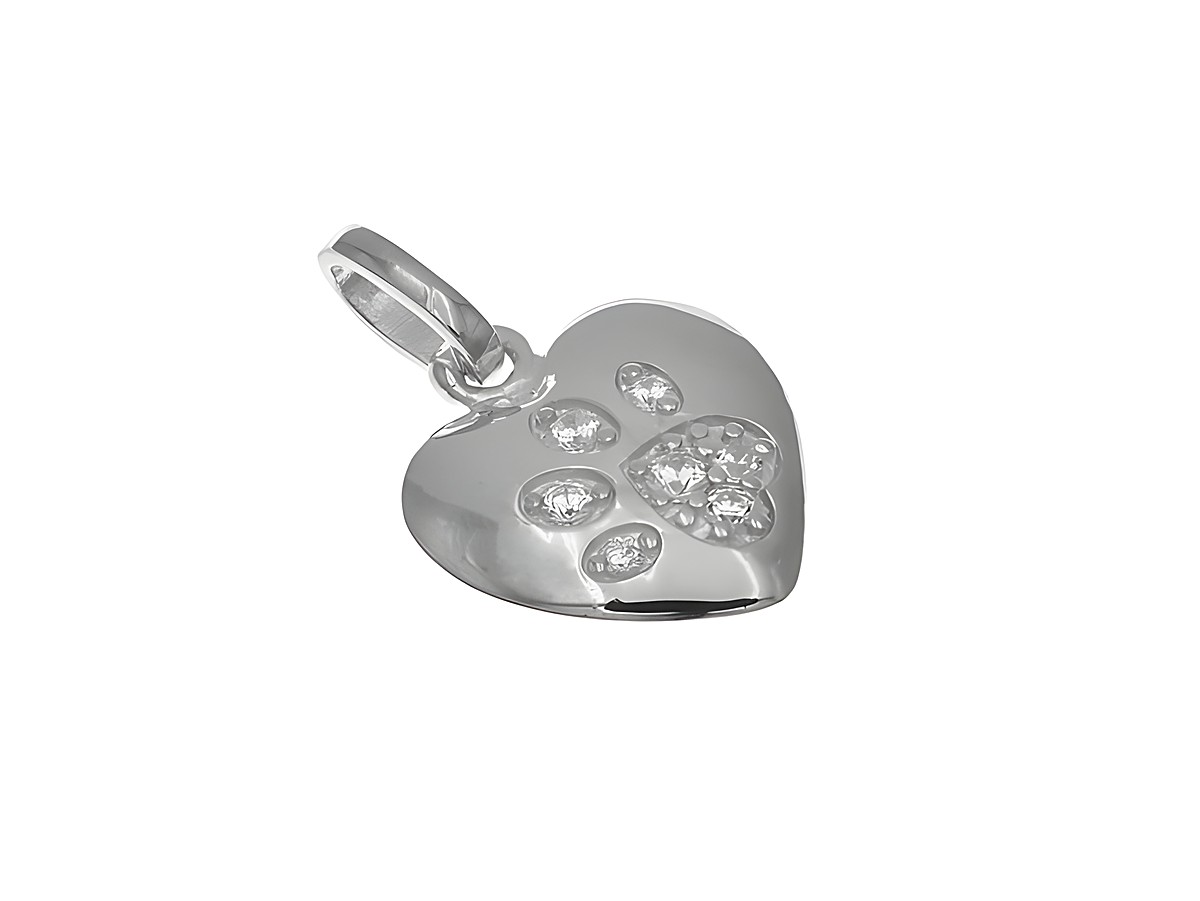 Anhänger aus sterling Silber in Herzform mit Pfotenabdruck, poliert und rhodiniert, verziert mit Zirkonia, Hersteller Juwelier Harnisch, Perlen und Steine.