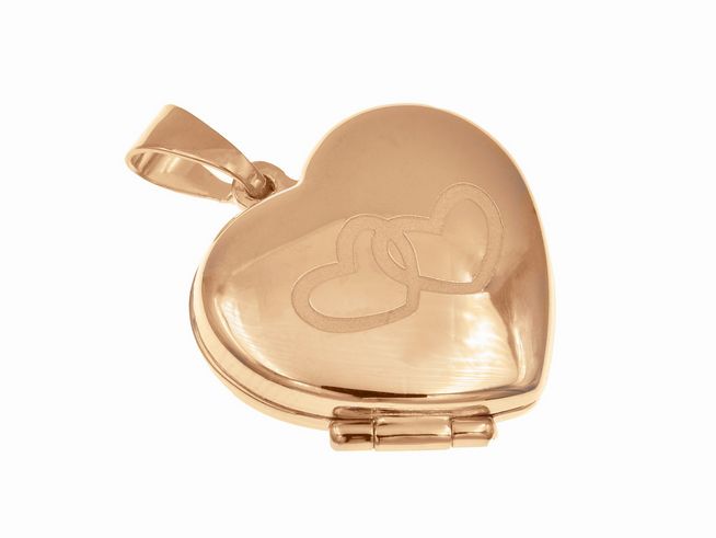 303403-0 Medaillon Anhänger Doppelherz aus Sterling Silber mit Roségold Vergoldung, Hersteller Juwelier Harnisch, in Herzform mit gravierten Herzen auf der Oberfläche.