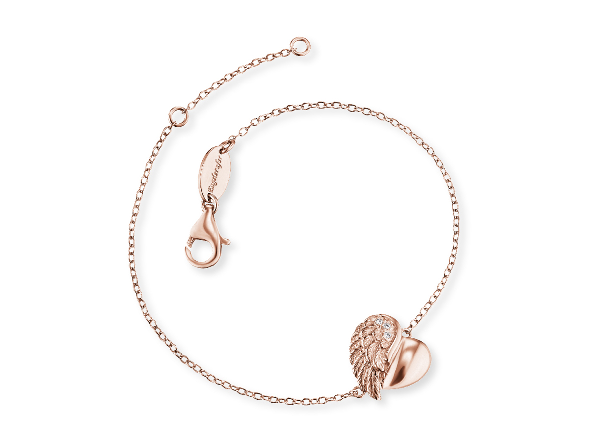 Engelsrufer Armband aus roségoldvergoldetem Silber mit Herzflügel-Anhänger und Zirkonia, Länge 17 cm, elegant und hochwertig verarbeitet.