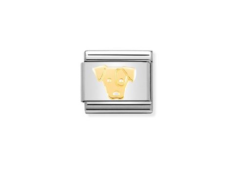 Ein stilisiertes Schmuckstück mit dem Kopf eines Jack Russell Terriers in gold und einem silberfarbenen Hintergrund, ideal für Tierliebhaber und als modisches Accessoire.