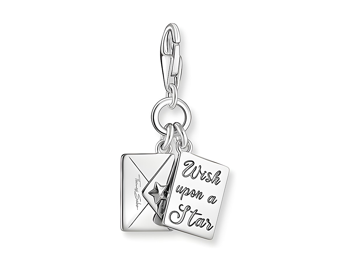 Charm-Anhänger von Thomas Sabo aus Silber mit Emaille und Zirkonia, bestehend aus einem Briefumschlag und einer Karte mit der Aufschrift Wish upon a Star, ideal zum Sammeln. – Ansicht 2