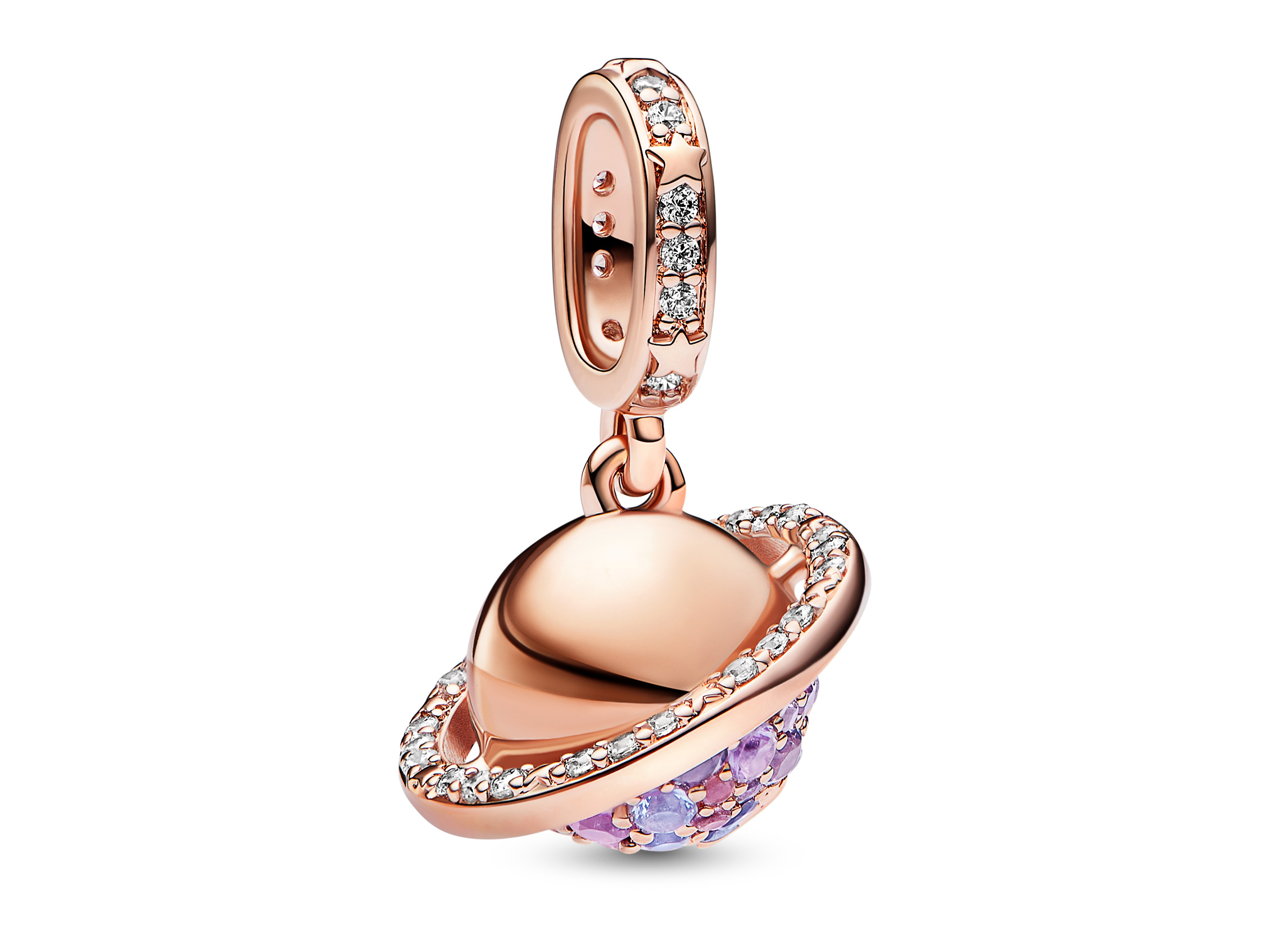 Charm von Pandora in Roségold Vergoldung, gestaltet wie der Planet Saturn, mit einem funkelnden Steinmix in lila Farbtönen, ideal für individuelle Schmuckstücke und Accessoires.