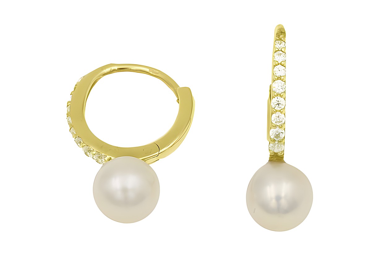 Creolen reine Perle 1,2 cm aus Sterling Silber mit Gelbgold Vergoldung und funkelnden Zirkonia, Hersteller Juwelier Harnisch, elegantes Design bis 15 mm Durchmesser.