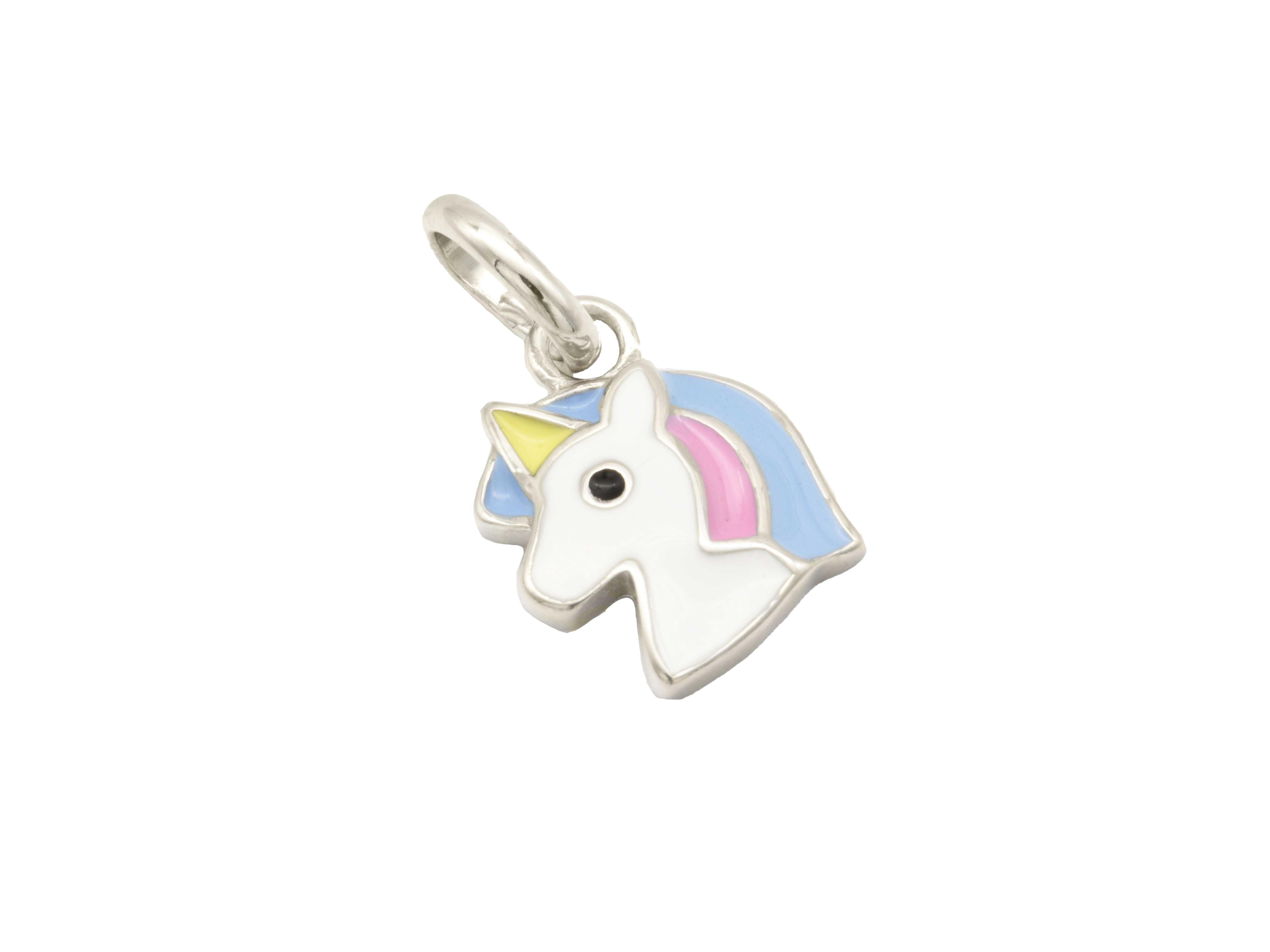Ein Anhänger in Form eines Einhornkopfes, gefertigt aus sterling Silber 925, rhodiniert und poliert, mit buntem Lack in Blau, Pink und Gelb, idealer Kinderschmuck von Juwelier Harnisch.