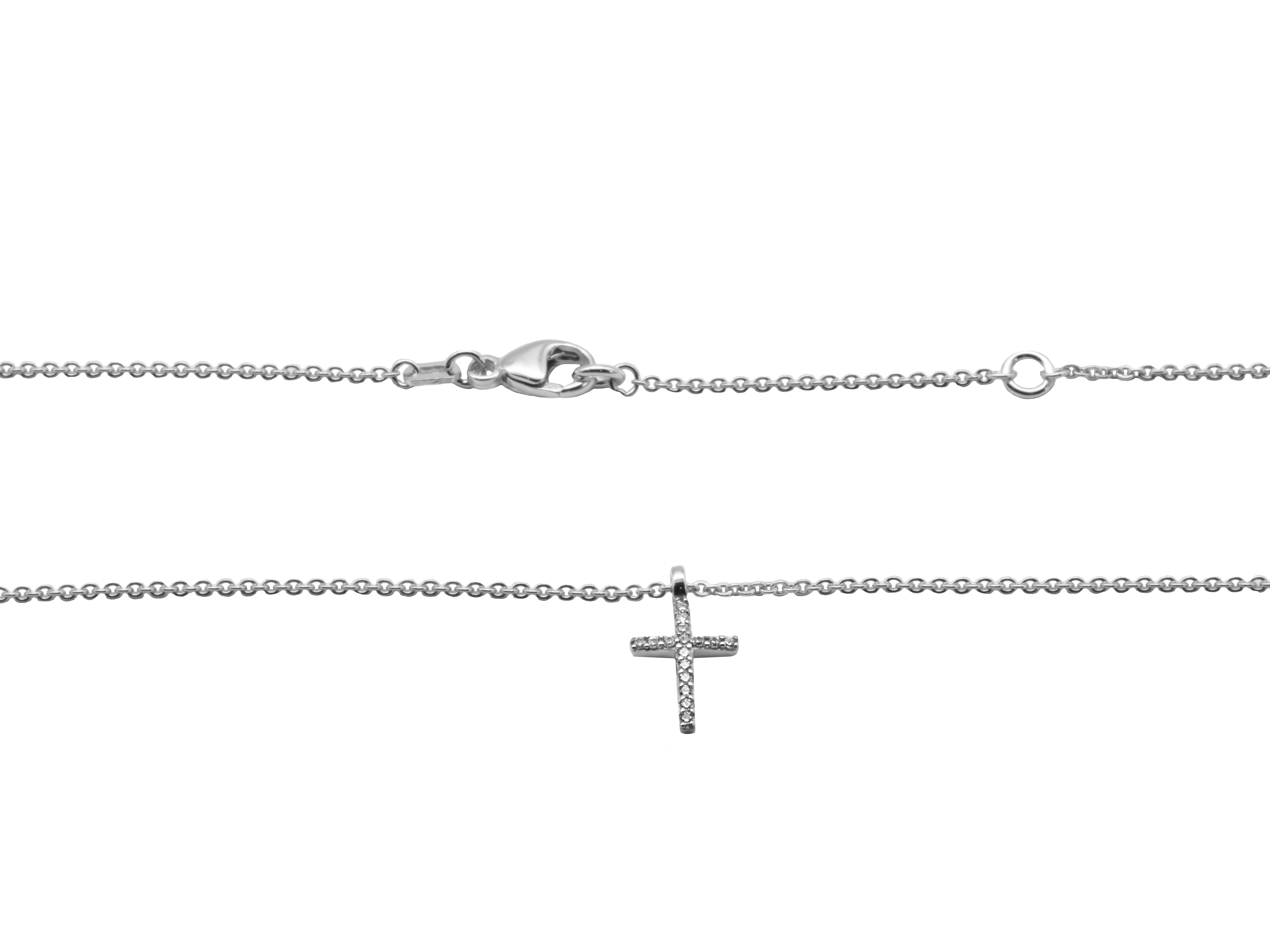 Elegante Kette aus rhodiniertem Sterling Silber 925 mit einem funkelnden Zirkonia Kreuzanhänger. Die Länge beträgt 42+45 cm und eignet sich perfekt für jeden Anlass.