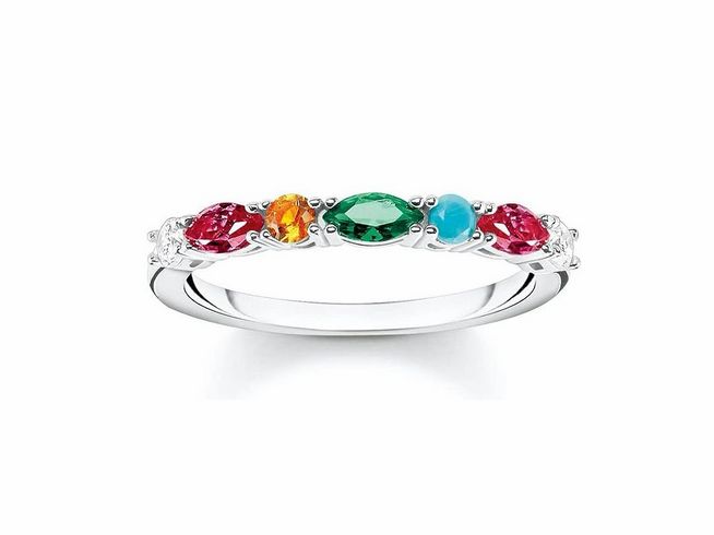 Thomas Sabo Ring aus Sterling Silber mit bunten Glas-Keramik Steinen und Zirkonia in Größe 50. Elegantes Design mit verschiedenen farbigen Elementen, ideal für jeden Anlass.