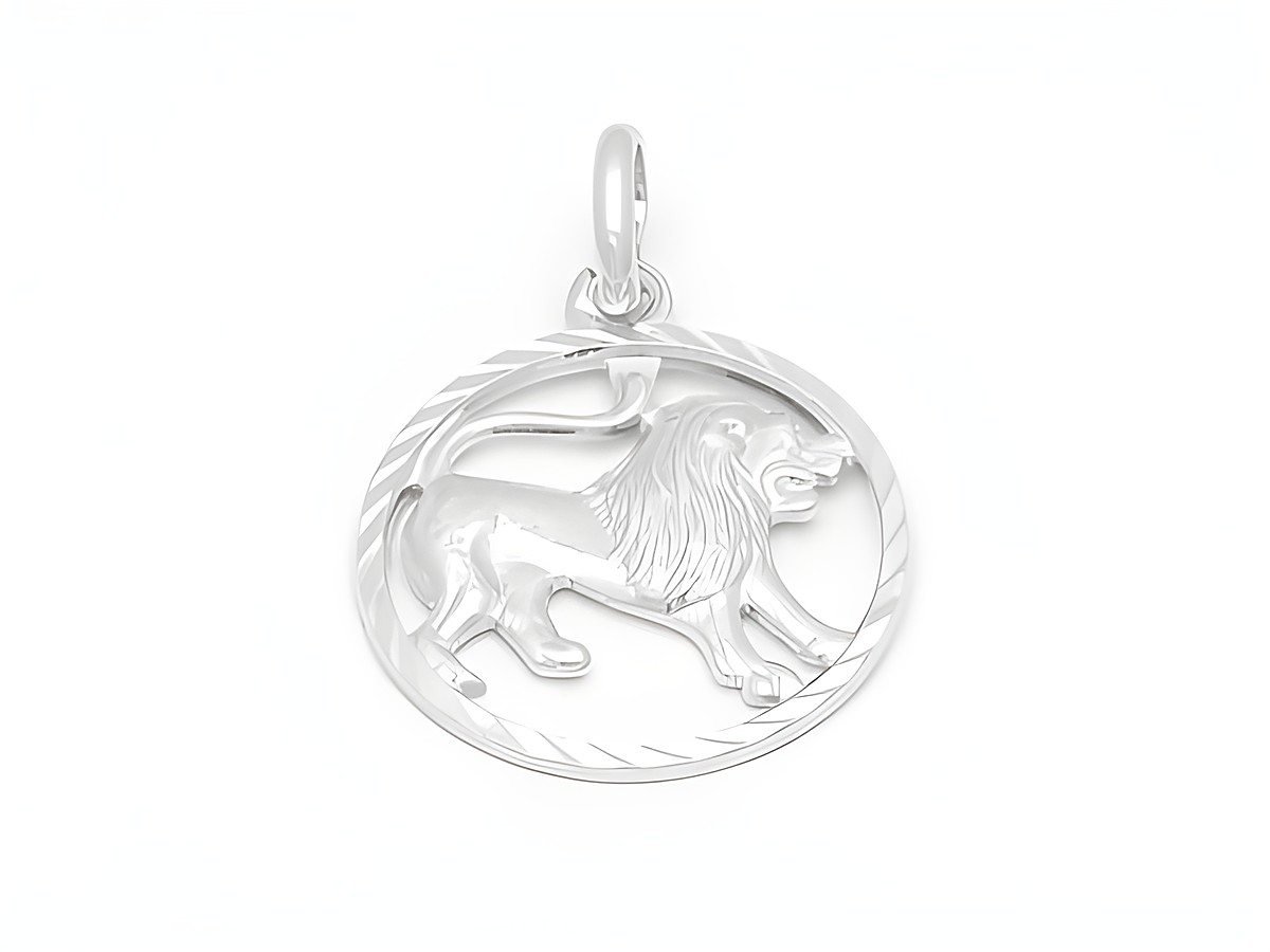 Löwe Sternzeichen Anhänger aus Weißgold 333, diamantiert, mit einem detaillierten Löwenmotiv und einem eleganten, geschwungenen Rand, Hersteller Juwelier Harnisch, Löwe.