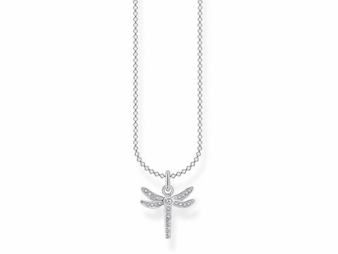 Kette mit Anhänger in Form einer Libelle aus Silber, besetzt mit funkelnden Steinen, von Thomas Sabo, Länge 38-40-42-45 cm, aus der Charming Collection.