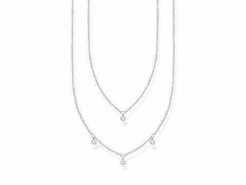 Kette aus der Thomas Sabo Charming Collection mit Layering-Look in Silber, bestehend aus drei feinen Ketten mit verschiedenen Anhängern und verlängerbaren Längen von 40 bis 45 cm.