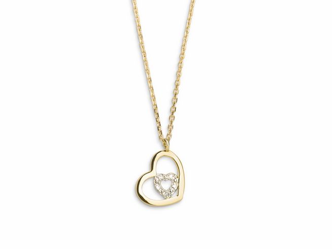 Goldene Kette mit Herzanhänger aus 375 Gold, zwei ineinander liegende Herzen, das innere Herz ist mit kleinen Steinen besetzt, stilvolles elegantes Schmuckstück von Xenox.