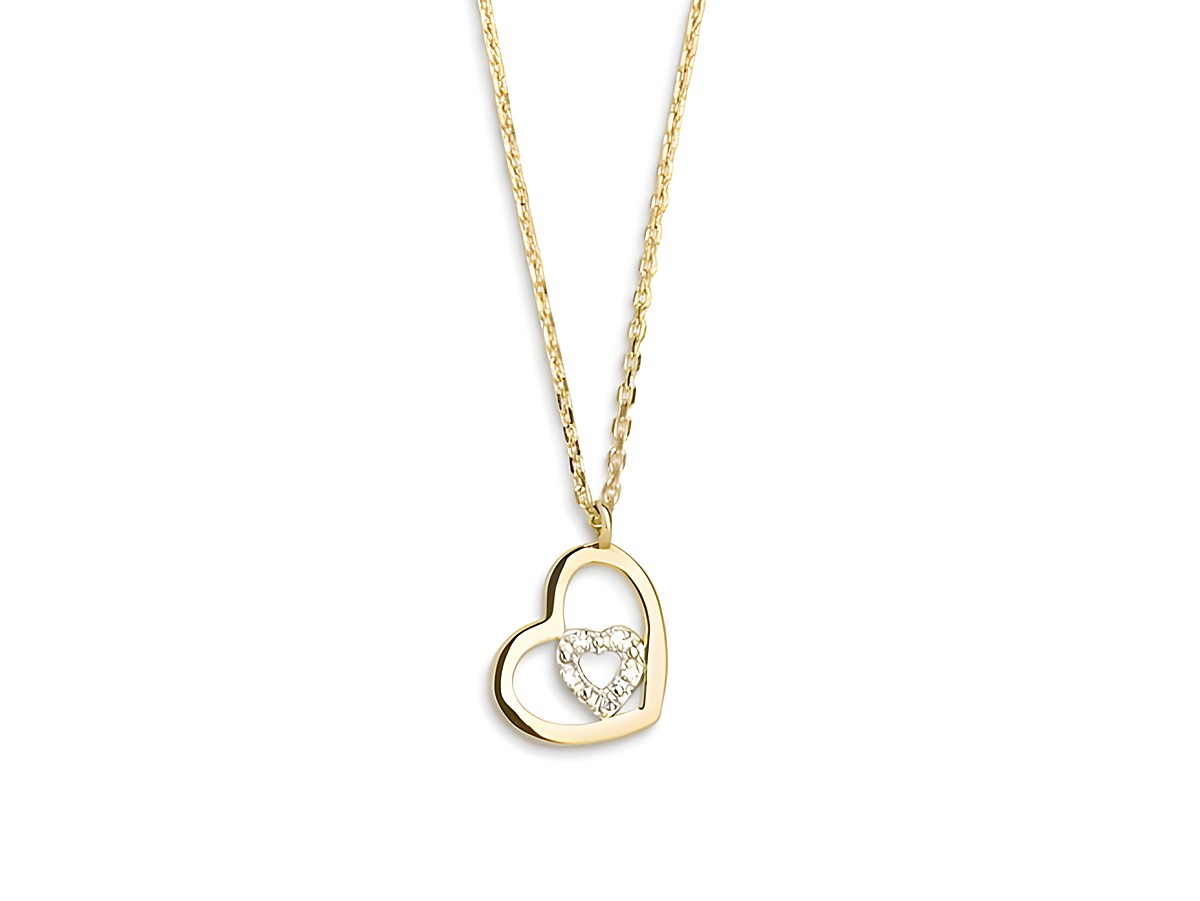 Goldene Kette mit Herzanhänger aus 375 Gold, zwei ineinander liegende Herzen, das innere Herz ist mit kleinen Steinen besetzt, stilvolles elegantes Schmuckstück von Xenox.
