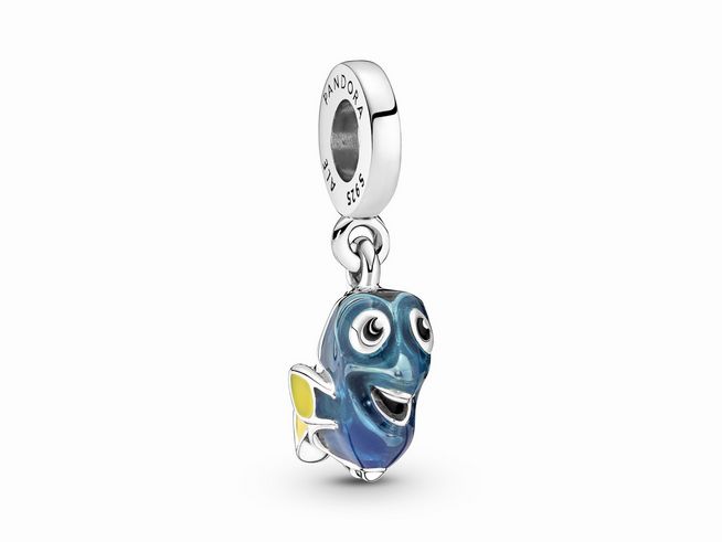 Charm-Anhänger von Pandora in Form von Dorie aus Disney Pixar, aus Sterling Silber und mehrfarbiger Emaille, mit fröhlichem Gesicht und leuchtenden Farben.