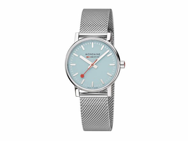 Mondaine evo2 MSE.35140.SM Armbanduhr mit einem 35 mm Gehäuse, mintgrünem Ziffernblatt und Mesh-Armband, elegantes Design mit roten Akzenten. Ideal für stilbewusste Träger.