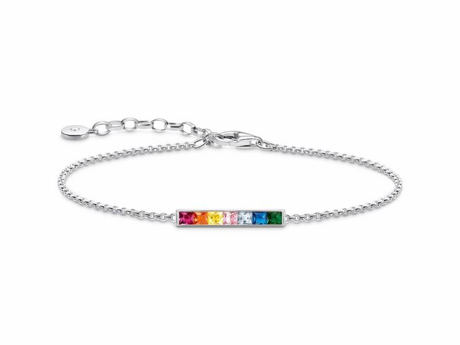 Elegantes Armband aus Sterling Silber mit buntem Glas-Keramik Stein und Zirkonia in Regenbogenfarben, 22 cm lang, von Thomas Sabo, stilvolle Verzierung für jeden Anlass.