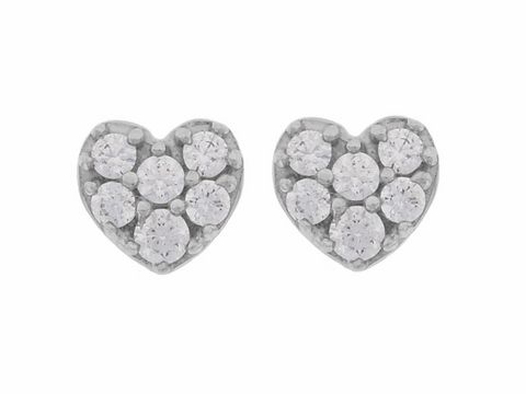 Silber Ohrringe in Herzform, rhodiniert, verziert mit klaren Zirkonia-Steinen von Juwelier Harnisch, ideal als Ausdruck von Liebe und Zuneigung.