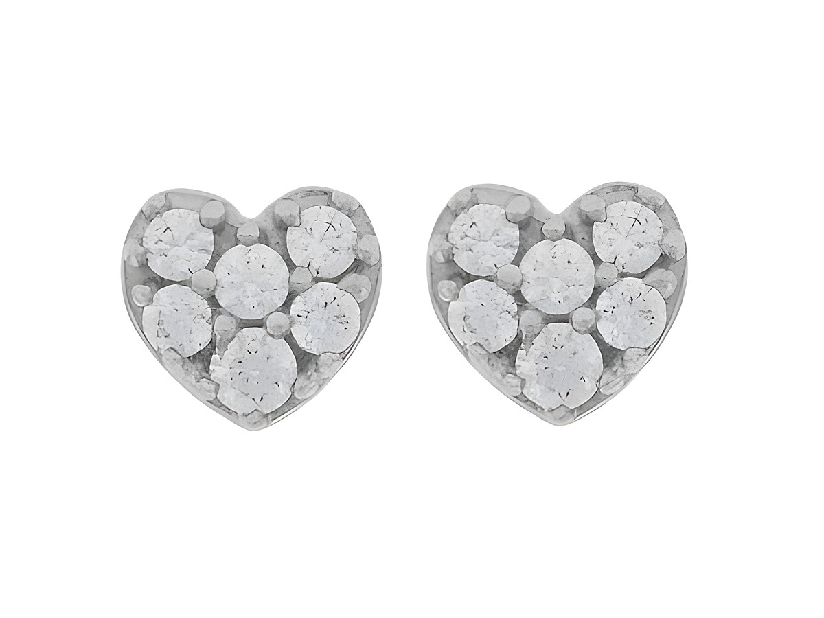 Silber Ohrringe in Herzform, rhodiniert, verziert mit klaren Zirkonia-Steinen von Juwelier Harnisch, ideal als Ausdruck von Liebe und Zuneigung.