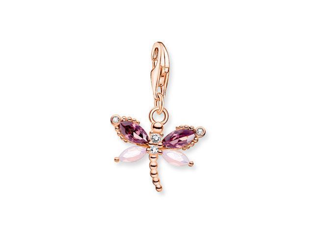 Thomas Sabo Charm-Anhänger in Form einer Libelle aus Sterling Silber vergoldet mit Roségold, dekoriert mit mehrfarbigen Glas- und Keramiksteinen sowie Zirkonia.