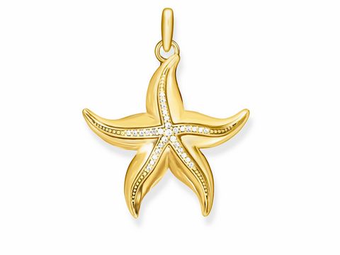 Vergoldeter Anhänger in Form eines Seesterns mit funkelnden Zirkonia, Hersteller Thomas Sabo, Modell PE809-414-39. ideal als Schmuckstück für maritime Anlässe.