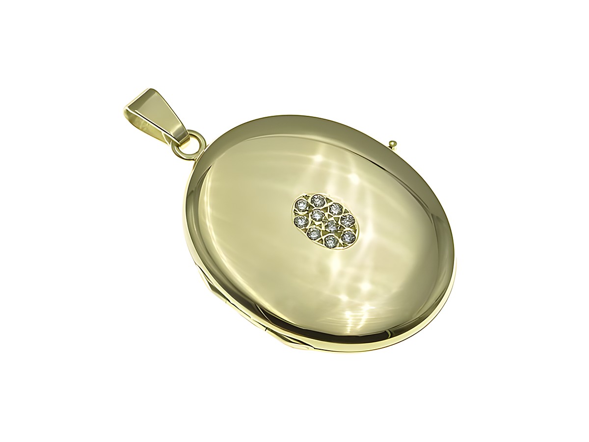 Ovales Gold Medaillon in traumhaftem Design, mattiert und poliert, verziert mit zehn Brillanten, gefertigt aus 585 Gold vom Hersteller Juwelier Harnisch, mit Stein.