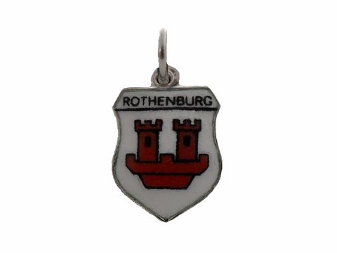 Silber Anhänger des Rothenburg Stadtwappens mit zwei roten Türmen auf weißem Grund, Hersteller Juwelier Harnisch aus Sachsen-Anhalt. Ideal als Schmuckstück oder Sammlerstück.