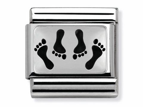 433010209-0 Edelstahlarmbandglied von Nomination Classic OXI mit schwarzem Fußabdruck-Motiv auf glänzendem Hintergrund, geeignet für individuellen Schmuck. Modellnummer 330102 09.
