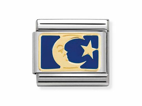 303028445-0 Edelstahl kommender Charms mit blauem Emaille-Hintergrund und goldener Mond- und Stern-Design der Nomination Cosmo Edition. Ideal für individuelle Armbänder.