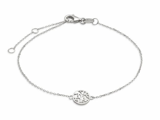 Xenox Weißgold Armband XG4412 mit einer Karreekette aus 375 Weißgold, 15-18 cm lang, verziert mit einem filigranen Baum des Lebens Motiv, elegantes FASHION Schmuckstück.