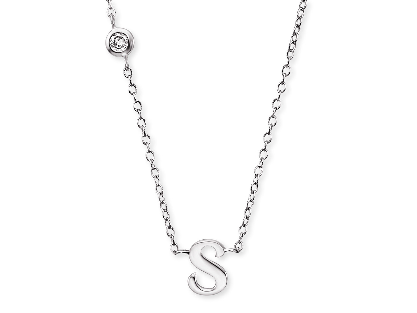 Kette aus rhodiniertem Silber mit einem Anhänger in Form des Buchstabens S, ergänzt durch einen Zirkonia, Gesamtlänge 40 cm, Hersteller Engelrufer.