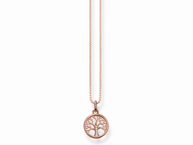 Thomas Sabo Kette aus Sterling Silber mit vergoldetem Roségold, 38 bis 42 cm lang, mit anhängendem runden Baum-Motiv und weißen Zirkonia-Steinen.